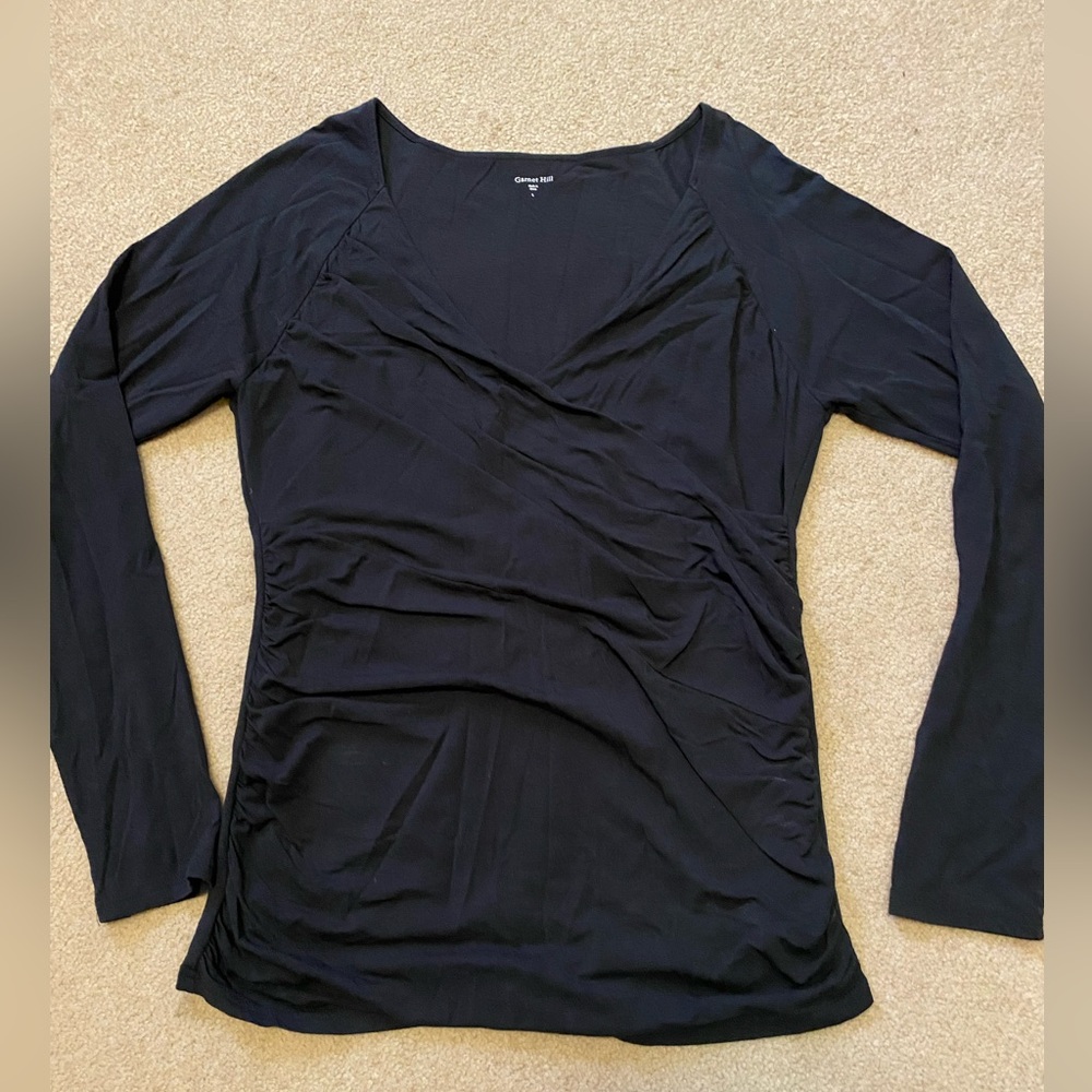 Garnet Hill Black Long-Sleeve Ruched V-Neck Top